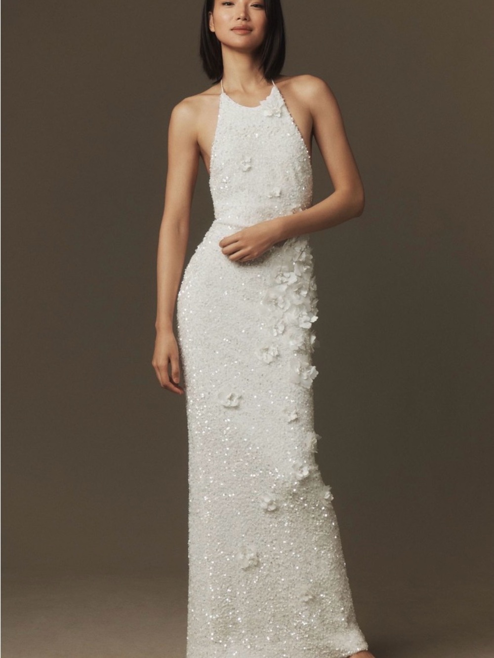 Helsi Brice Sequin White Halter Column Gown with 3D Floral Detail Sz M